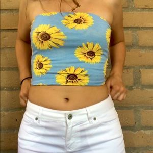 Sunflower print crop strapless top - day sky blue
